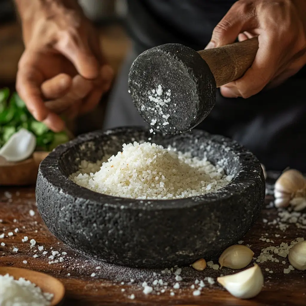 A cook seasoning a new molcajete by rinsing it with water, grinding uncooked rice, and applying a garlic and salt paste to prepare the stone for use.