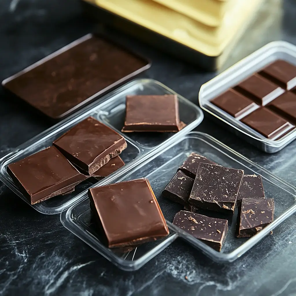 Dubai chocolate stored properly in an airtight container, kept in a cool, dry environment, with an example of well-preserved chocolate and a comparison showing chocolate blooming with a whitish coating.