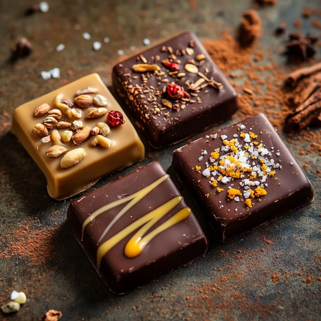 A variety of Dubai chocolate treats showcasing different flavor variations: tahini-free with almond or cashew butter, a fusion with sea salt and caramel, and a festive version with ginger, cinnamon, and orange zest.