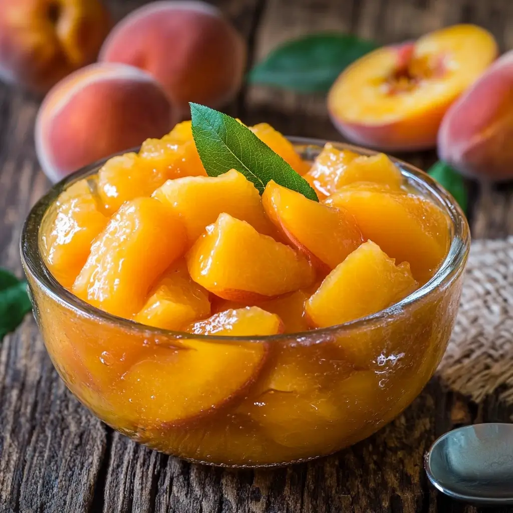 A side-by-side comparison of fresh and canned peaches on a rustic wooden surface. The fresh peaches are vibrant, whole, and sliced, while the canned peaches are glossy and placed in a bowl, showcasing their differences in texture and appearance.