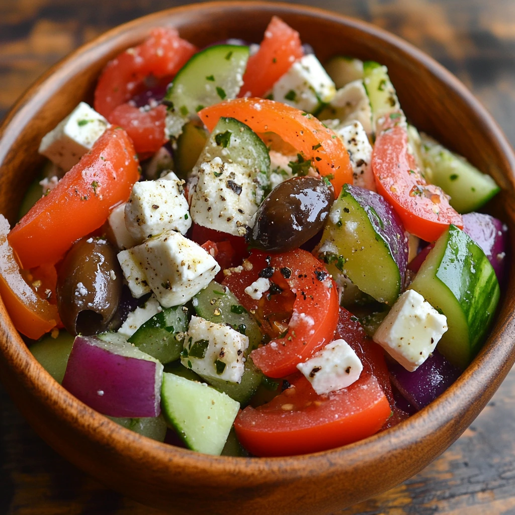 A vibrant Greek salad in a wooden bowl, featuring diced feta cheese, cherry tomatoes, cucumber slices, red onion, Kalamata olives, and a sprinkle of herbs and black pepper.