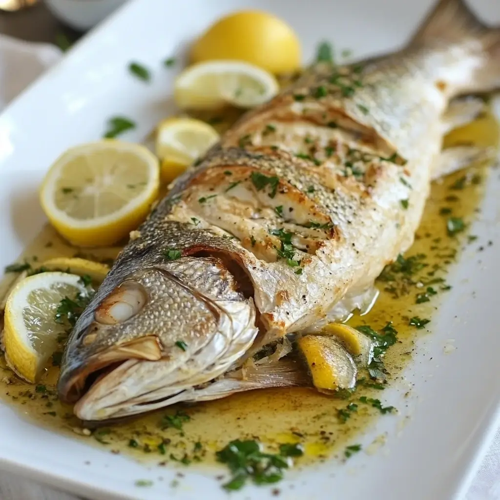A deliciously roasted Branzino fish garnished with fresh herbs, lemon slices, and served with a side of roasted vegetables, illustrating how to cook and eat Branzino.