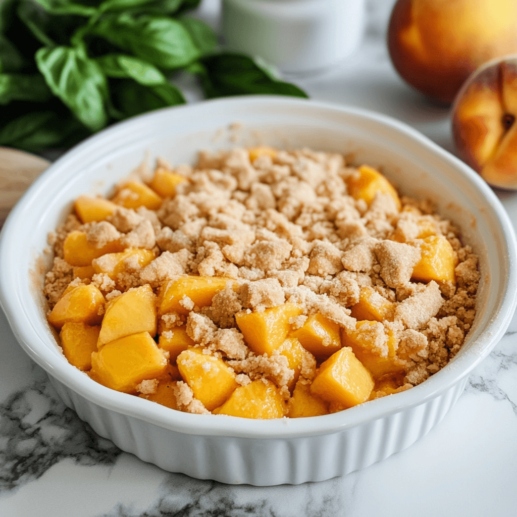 A warm, golden-brown peach crumble made with canned peaches, topped with a crispy oat crumble and a scoop of melting vanilla ice cream, served in a rustic baking dish with soft natural lighting.