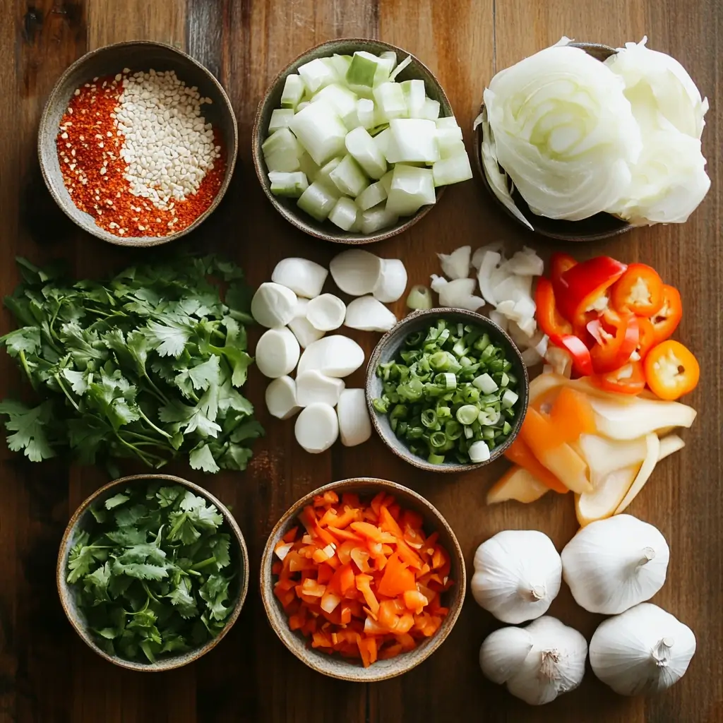 A top-down view of key ingredients in traditional chow chow, including chopped onions, bell peppers, garlic, green onions, cilantro, spices, and pickling vegetables arranged on a wooden surface.