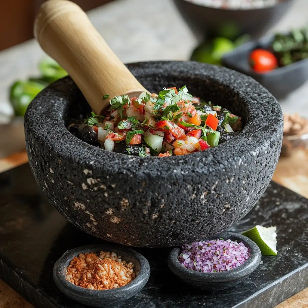 A traditional molcajete filled with freshly crushed ingredients, including diced tomatoes, onions, and jalapeños, garnished with cilantro. A wooden pestle rests inside, with bowls of salt and spices on the side.