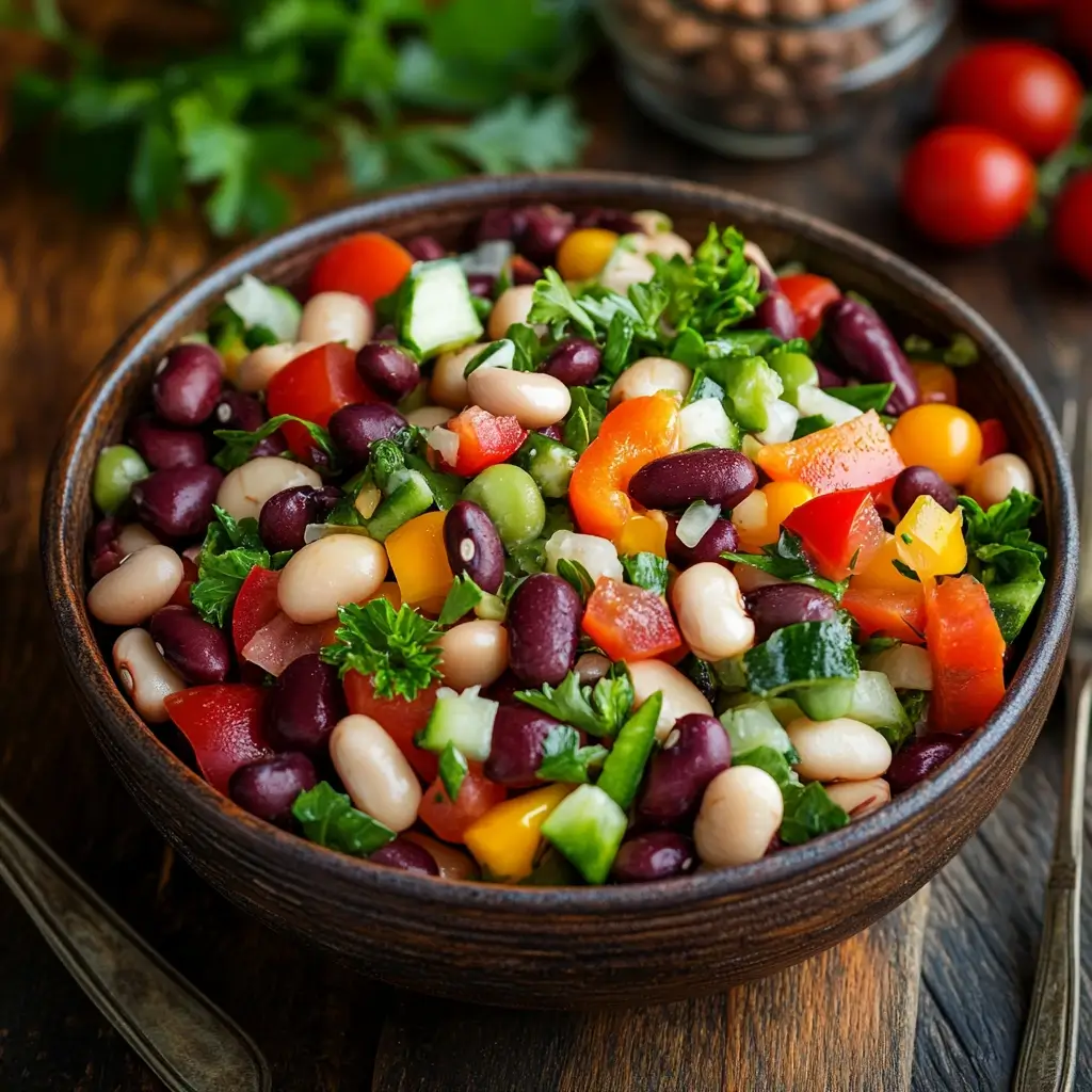 A colorful bean salad in a rustic wooden bowl, featuring kidney beans, white beans, diced bell peppers, cucumbers, cherry tomatoes, and fresh parsley.