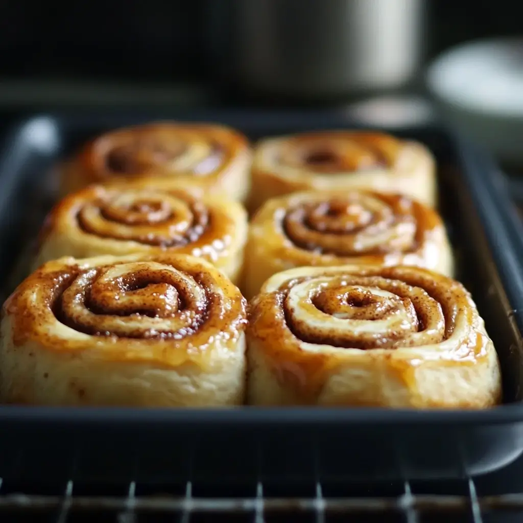 Close-up of freshly baked sourdough cinnamon rolls in a baking tray, golden brown with a glossy caramelized glaze.