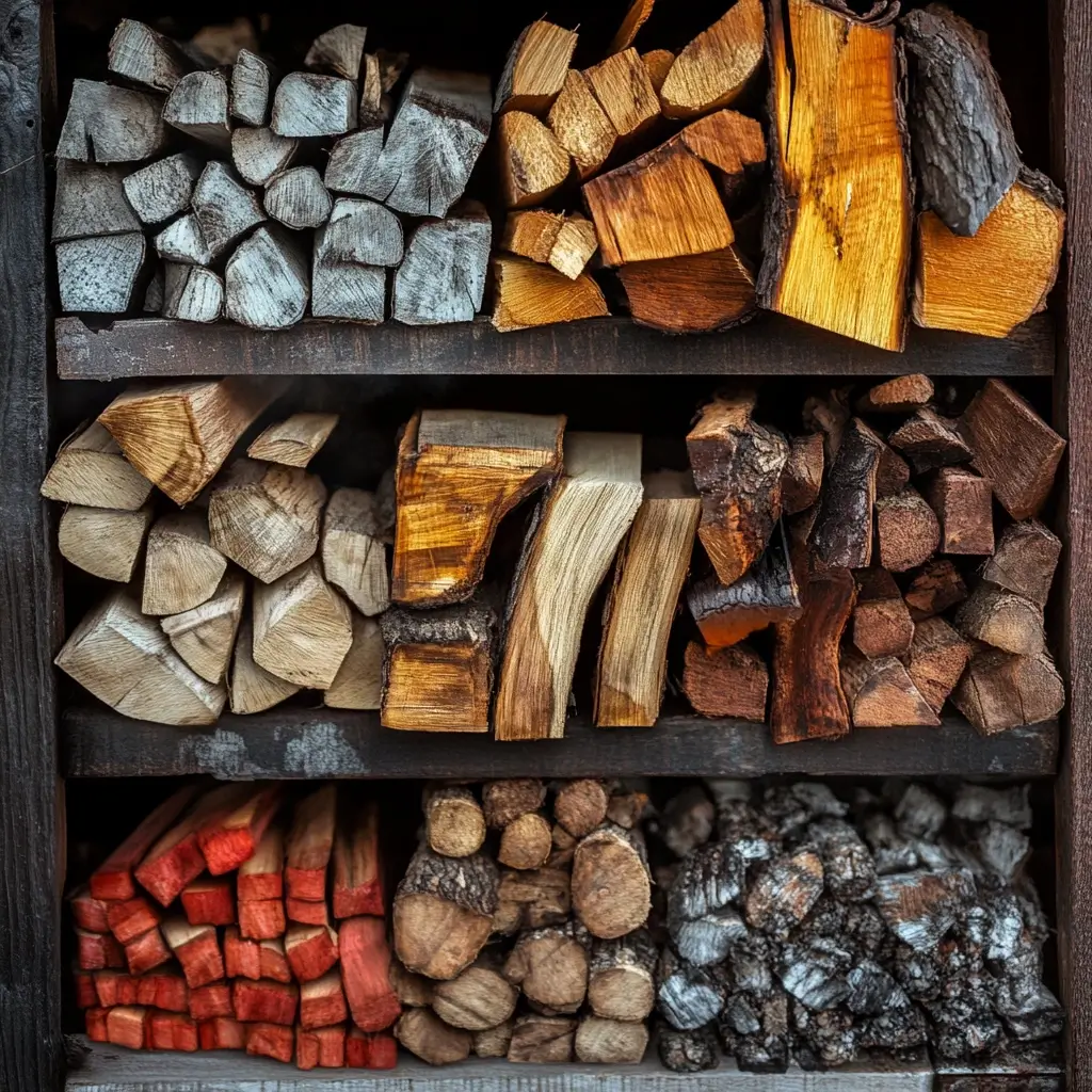 Different types of wood for quick smoking, including hickory, applewood, cherry, and mesquite.