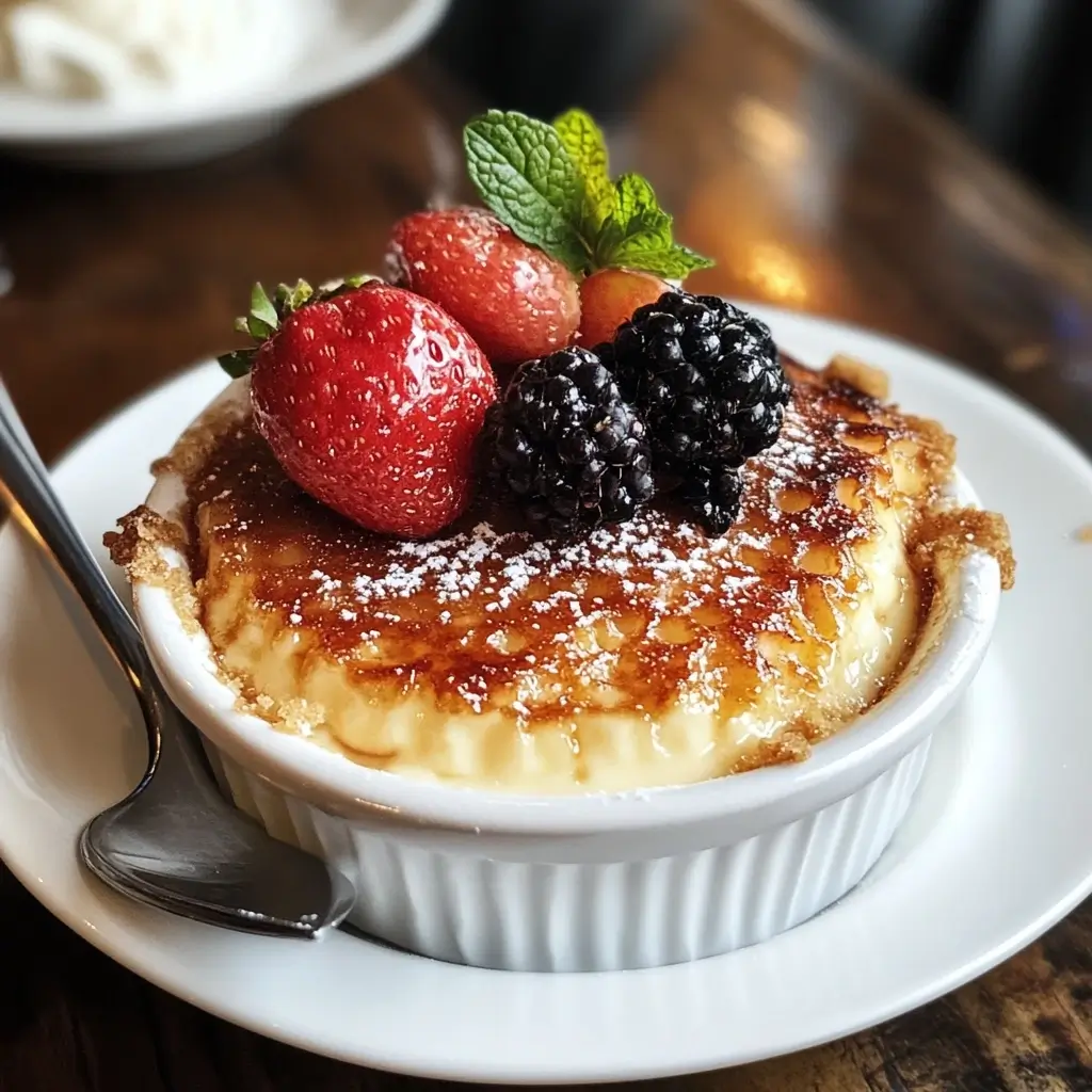 A close-up of a crème brûlée dessert topped with fresh strawberries, blackberries, and mint leaves, showcasing its caramelized sugar crust and creamy custard.
