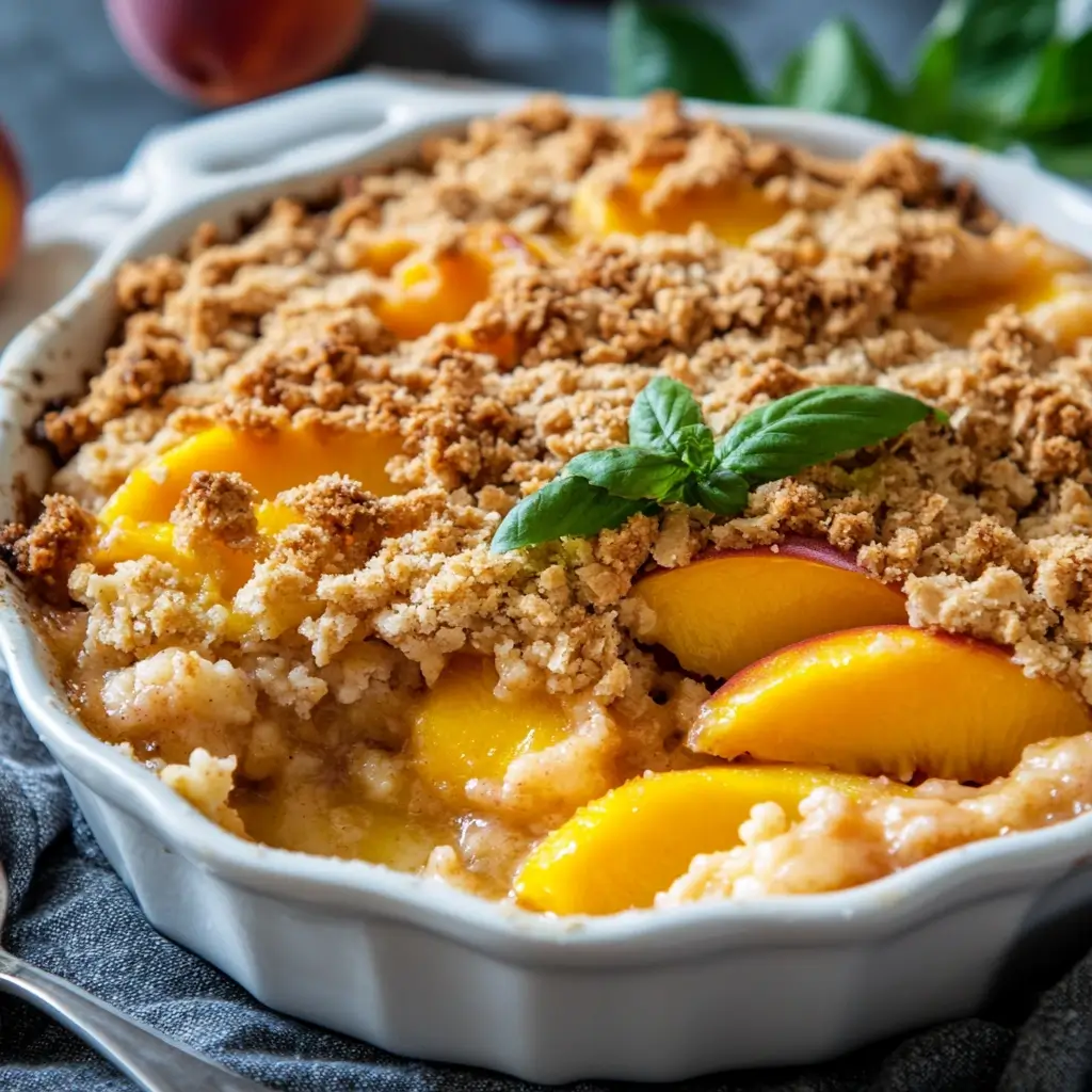 A freshly baked peach crumble in a white dish, topped with golden brown crumble and garnished with fresh basil leaves.