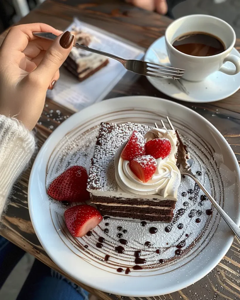 A beautifully plated chocolate and coffee cheesecake topped with whipped cream, fresh strawberries, and powdered sugar, served with a cup of black coffee on a rustic wooden table.