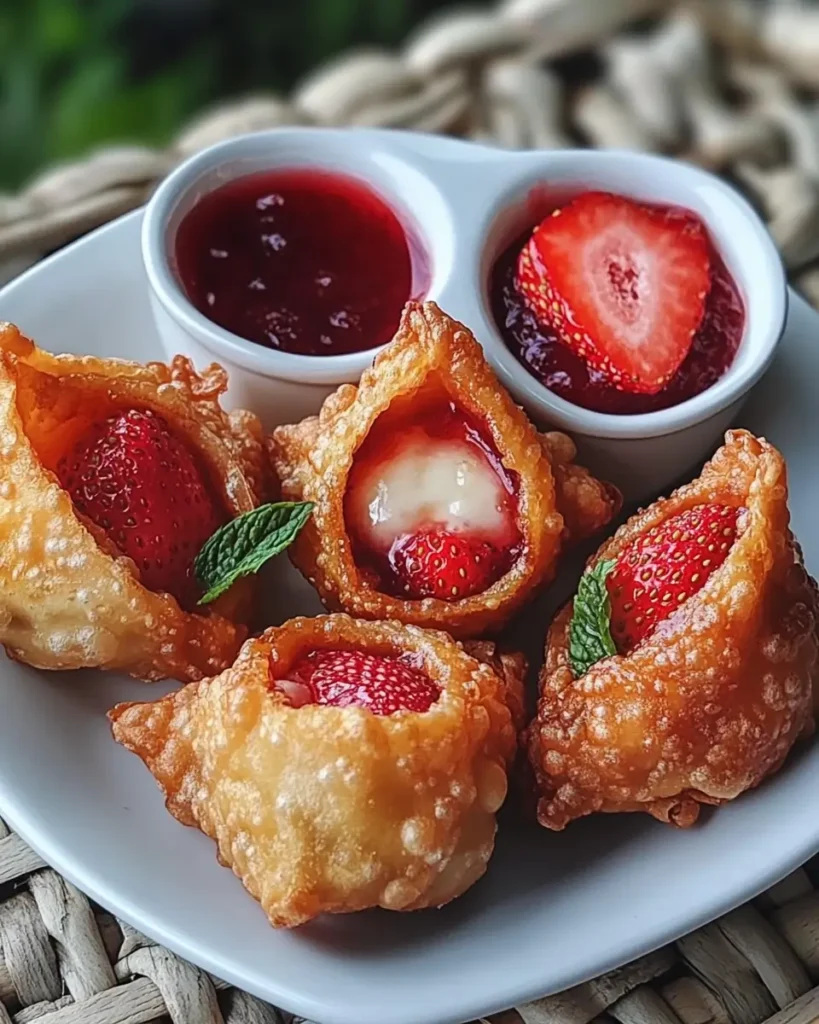 Crispy golden-brown wonton bites stuffed with creamy cheesecake filling and fresh strawberries, served with strawberry dipping sauce and garnished with mint leaves on a white plate.
