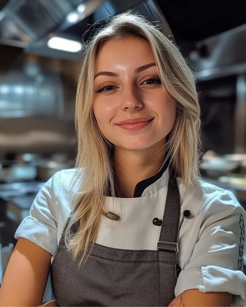A smiling female chef with blonde hair wearing a light gray chef’s jacket and a dark gray apron, standing in a professional kitchen.