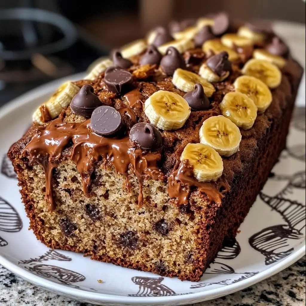 A moist banana bread loaf studded with chocolate chips, drizzled with melted chocolate, and topped with banana slices and Reese's peanut butter chips, served on a decorative plate.