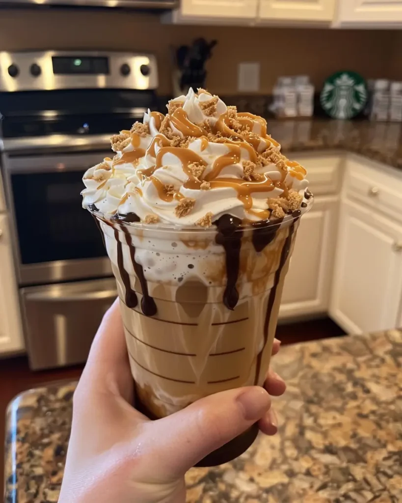 A creamy Reese’s Peanut Butter Frappuccino in a clear cup, topped with whipped cream, drizzled with chocolate and caramel sauce, and sprinkled with crushed peanut butter pieces, held in a home kitchen setting.