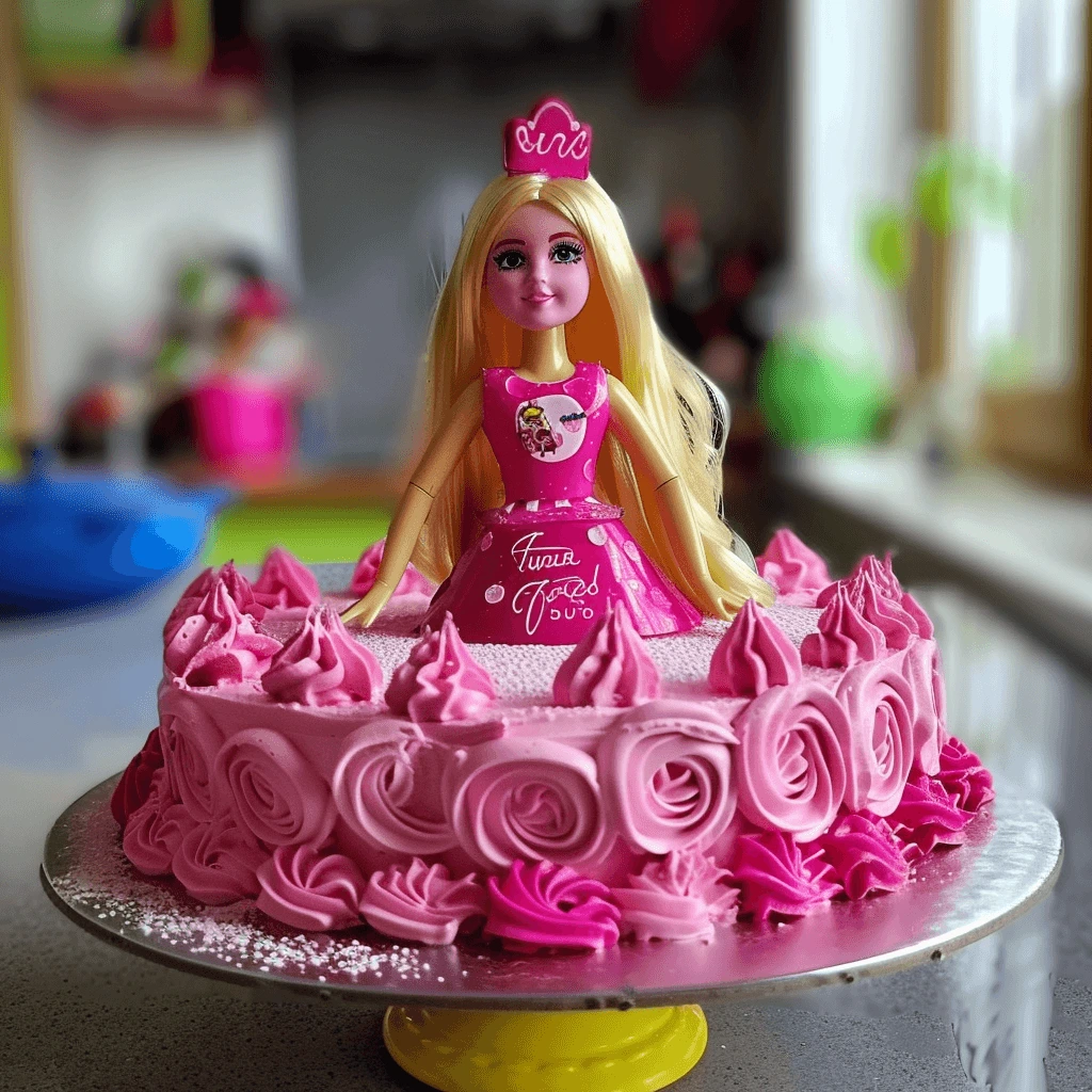 A Barbie doll cake decorated with pink frosting roses and a shimmering pink bodice.