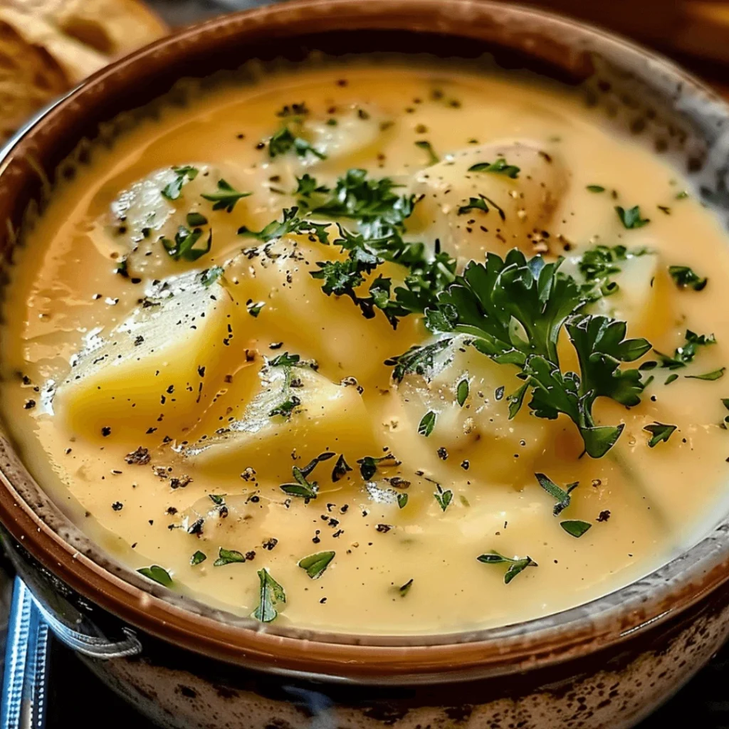 Cheddar Garlic Herb Potato Soup: Creamy & Flavorful Comfort Food Recipe 1 A bowl of creamy Cheddar Garlic Herb Potato Soup topped with fresh parsley, served with crusty bread.