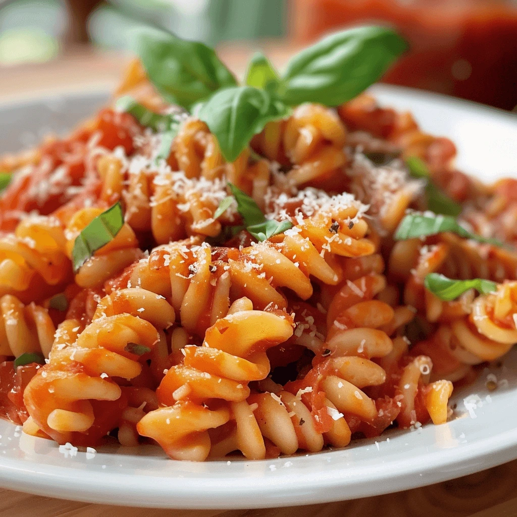 A plate of corkscrew pasta topped with a rich tomato sauce, garnished with fresh basil and grated Parmesan, served in a white bowl with a fork on the side.