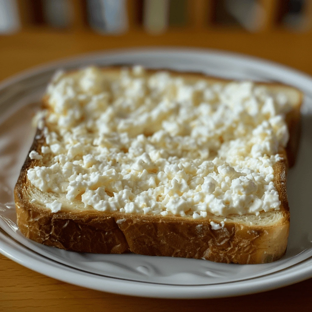 A slice of toasted bread generously topped with Cottage Cheese Bread Recipe on a plate.