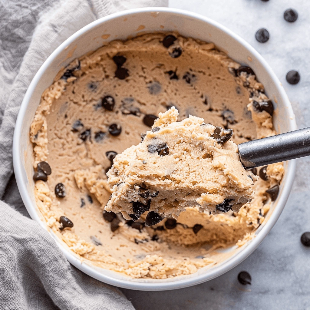 Close-up of creamy cottage cheese cookie dough topped with chocolate chips on parchment paper.