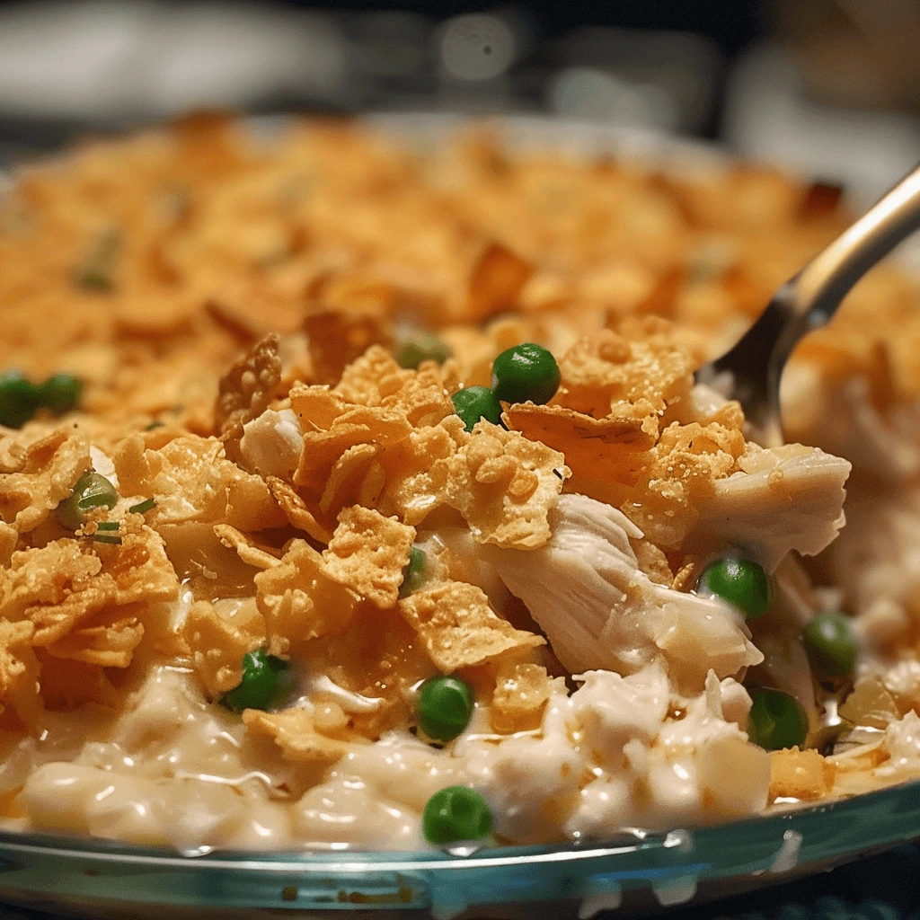 A close-up of a creamy Ritz cracker chicken casserole topped with crispy golden crackers and garnished with green peas on a decorative plate.