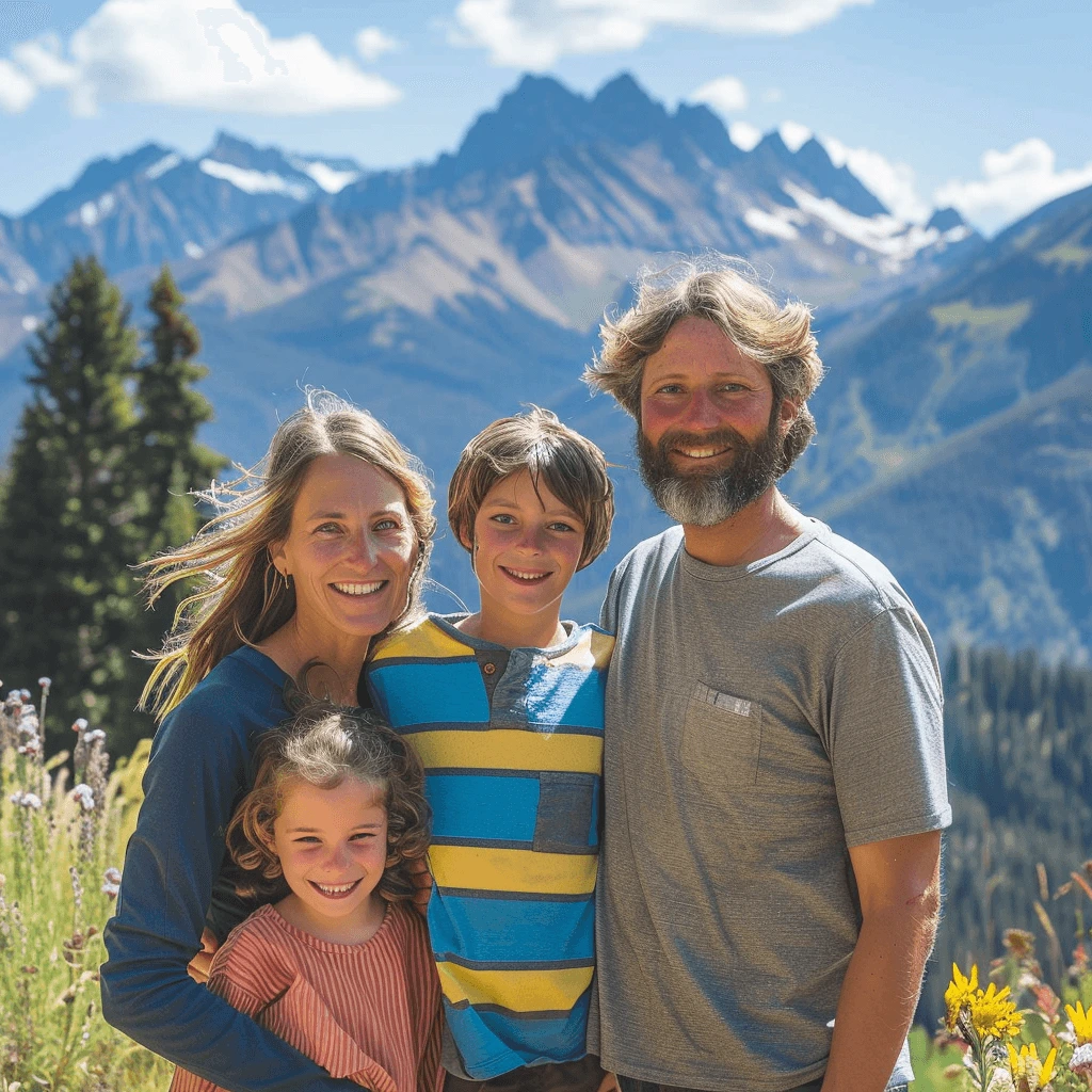 Family of four smiling outdoors with mountain peaks in the background.