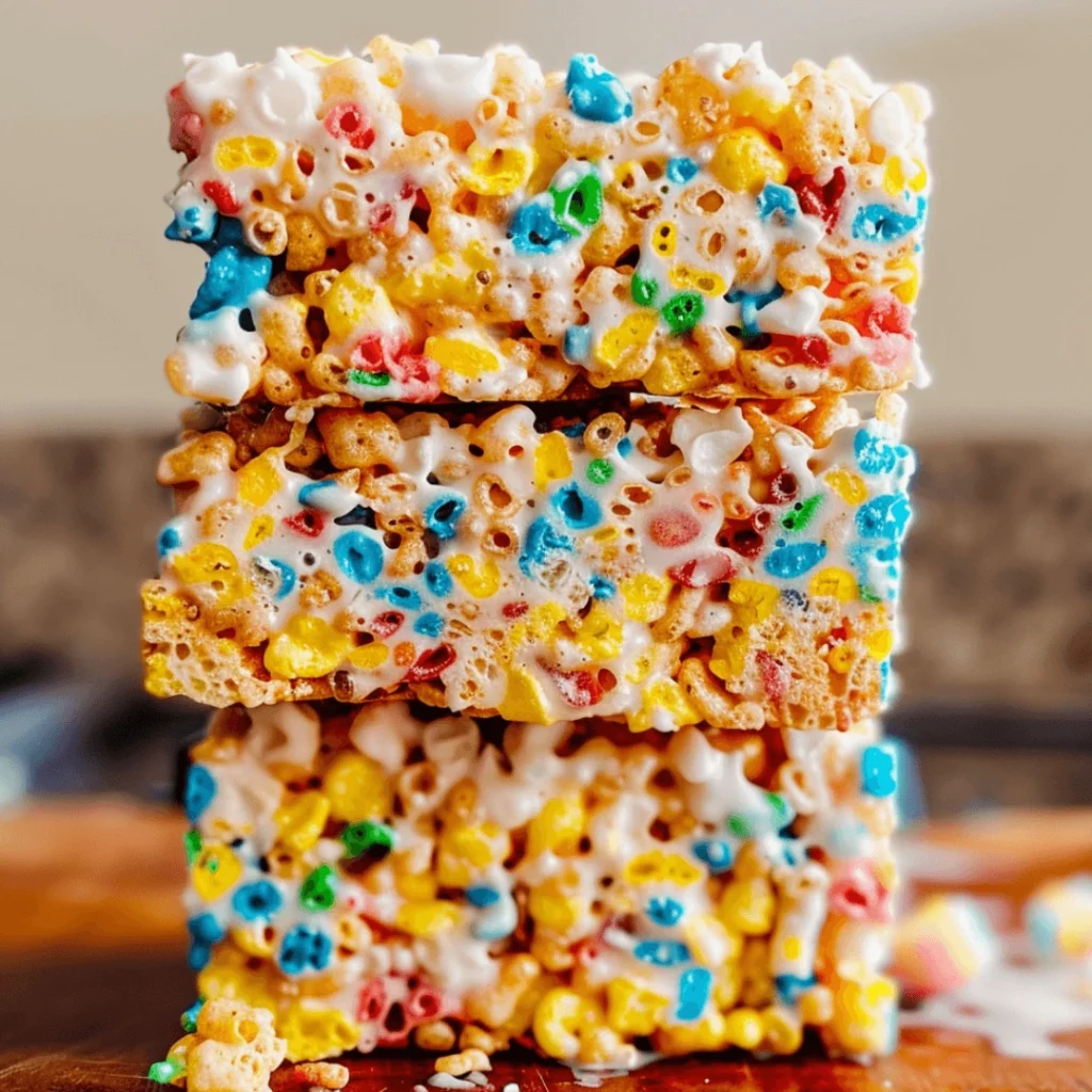 Fruity Pebbles Rice Krispies Treats – Fun & Colorful Dessert Recipe Idea 1 Fruity Pebbles Rice Krispies Treats cut into colorful squares on a plate.