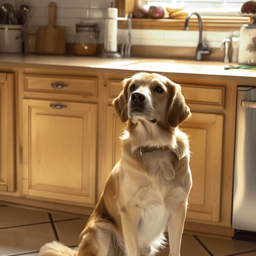 Golden Retriever sitting in a home kitchen.