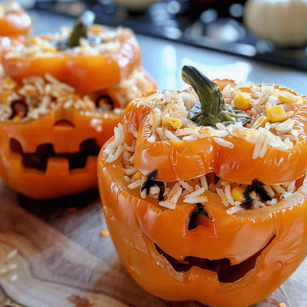 Halloween Stuffed Peppers | Easy Chicken & Rice Dinner Recipe 1 Halloween stuffed bell peppers carved like jack-o’-lanterns, filled with cheesy chicken and rice.