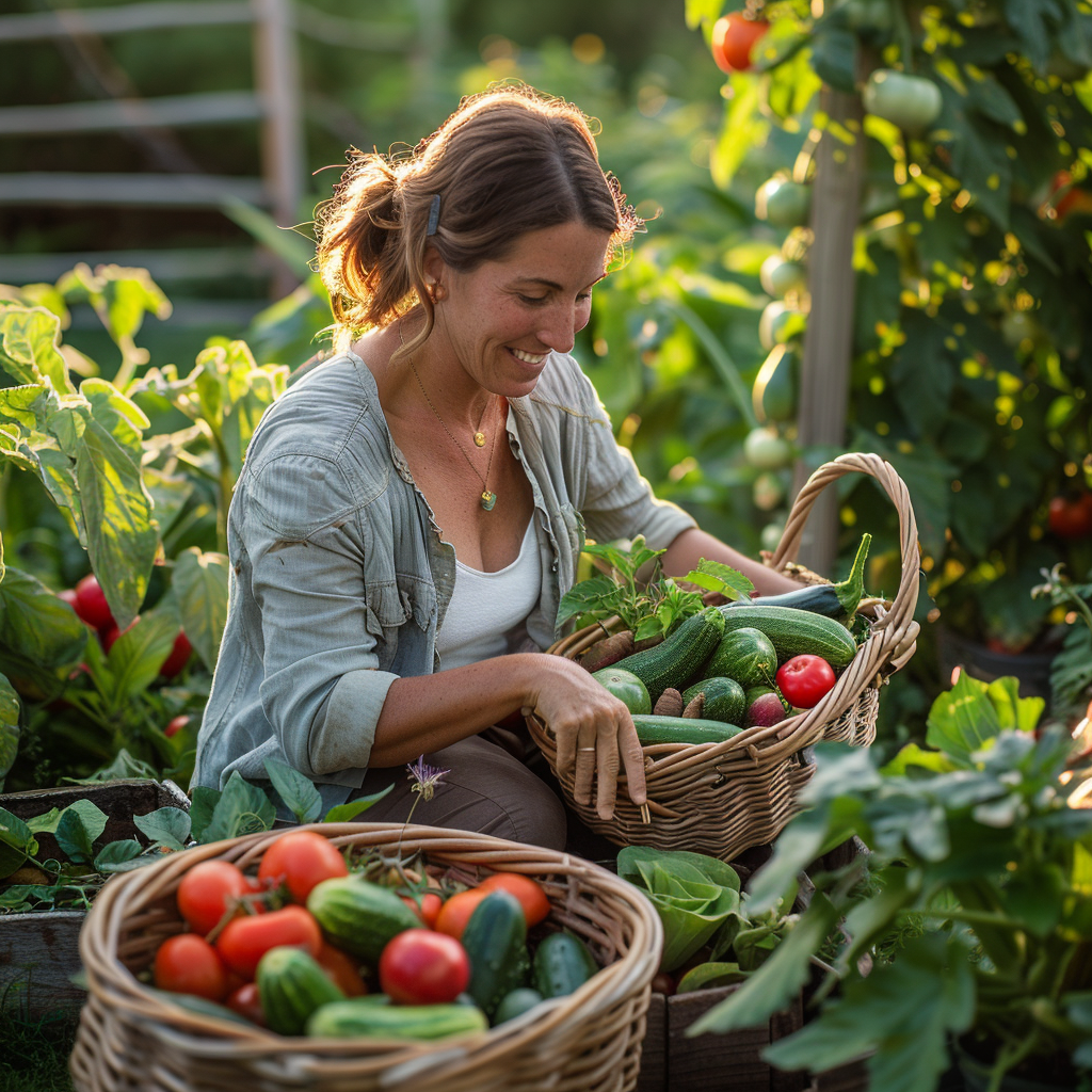 Woman smiling while picking fresh vegetables from a backyard garden.
