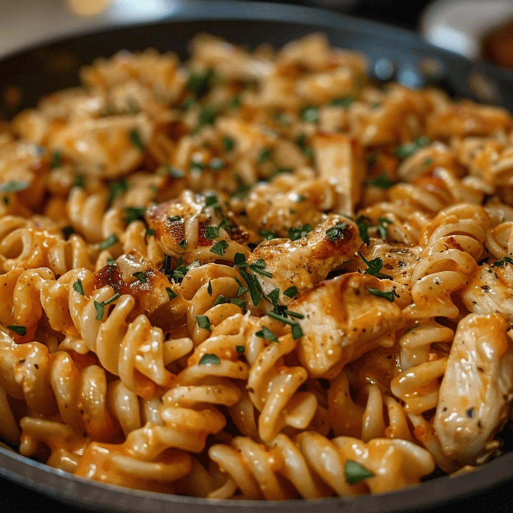 A skillet filled with creamy Marry Me Chicken Pasta, featuring tender chicken pieces, rotini pasta coated in a rich tomato-cream sauce, and garnished with fresh parsley.