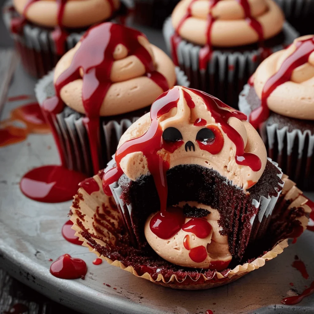 Spooky Vampire Bite Cupcakes with Gory Surprise – Perfect Halloween Recipe 1 Red velvet cupcakes with a strawberry-filled "vampire bite" and a bloody frosting drizzle.