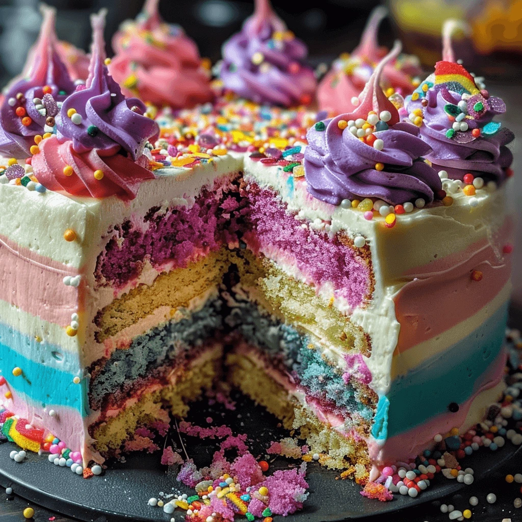 Colorful unicorn-inspired layered cakes with vibrant purple, blue, pink, and cream hues, topped with meringue swirls, candy sprinkles, and edible decorations.