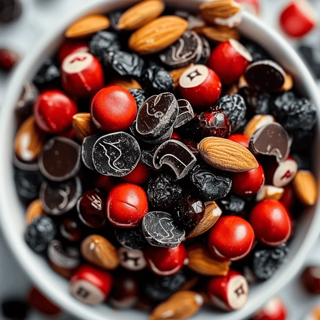 11 Scarily Easy Halloween Trail Mix Recipes 1 Vampire Bite Trail Mix with candy corn, pretzels, chocolate chips, gummy worms, and candy eyeballs for a spooky Halloween snack.