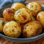 Golden roasted Yukon Gold potatoes garnished with fresh parsley in a black bowl. Title: Roasted Yukon Gold Potatoes with Parsley