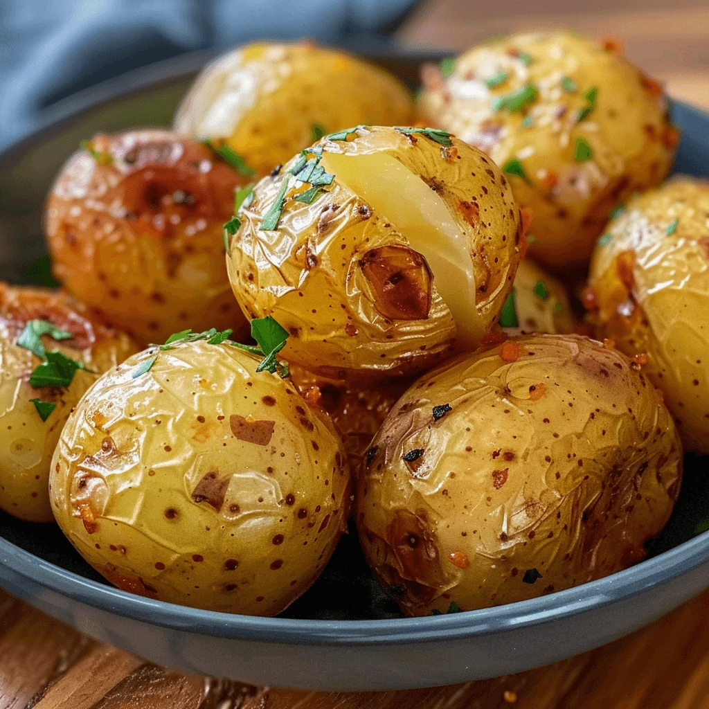 Golden roasted Yukon Gold potatoes garnished with fresh parsley in a black bowl. Title: Roasted Yukon Gold Potatoes with Parsley