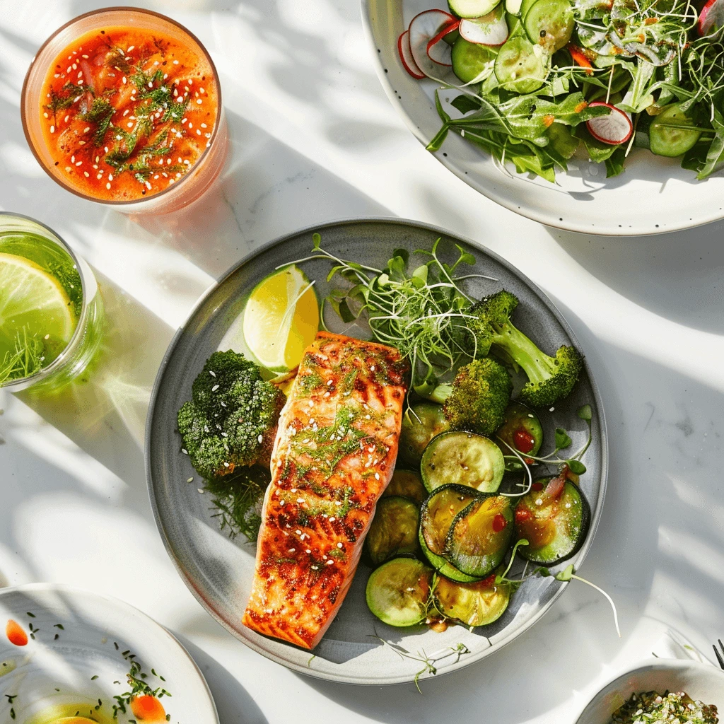 Zepbound recipes for weight loss featuring salmon, smoothie, and salad