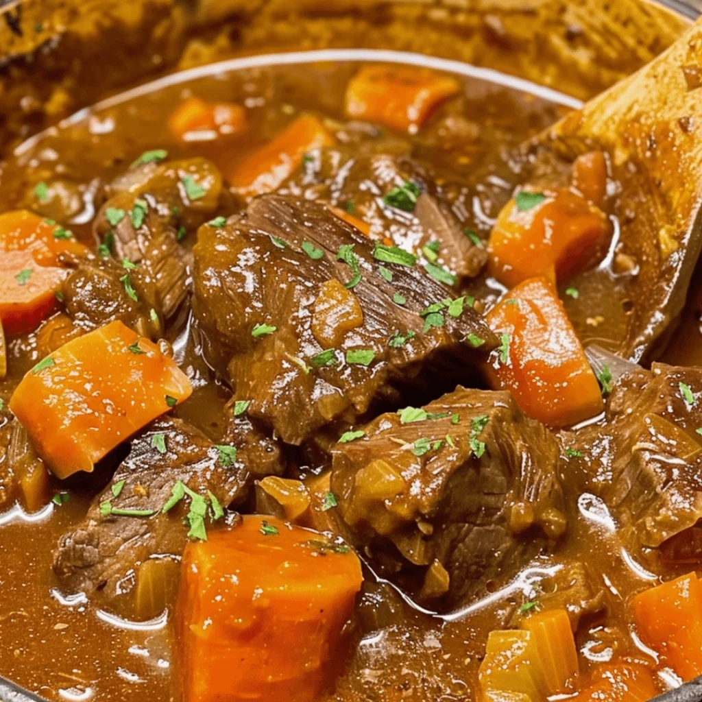 Anthony Bourdain’s Beef Stew served in a Dutch oven with carrots, mushrooms, and herbs.