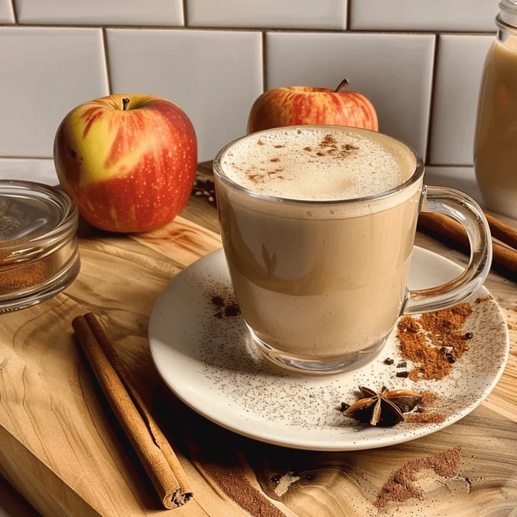 Homemade apple cider chai tea latte in a cozy fall mug topped with whipped cream and cinnamon.