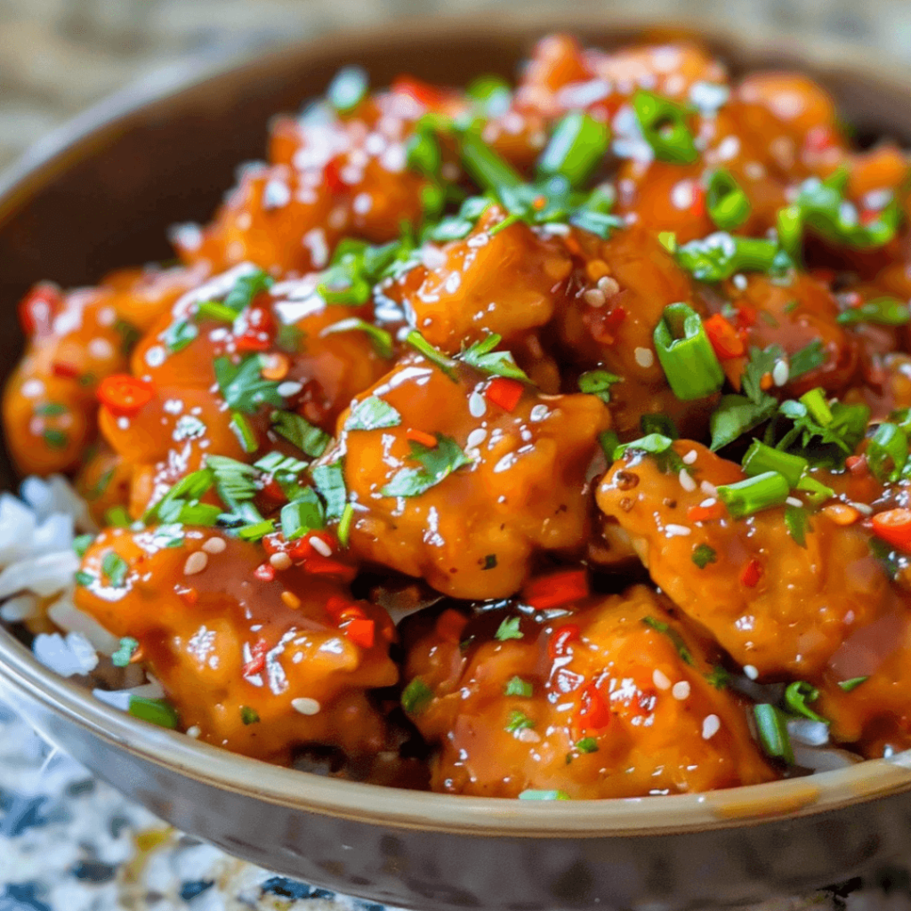 Easy Asian Sweet Chili Chicken – Better Than Takeout Chinese Dinner Recipe 1 Crispy Asian Sweet Chili Chicken with sesame seeds and green onions served over rice