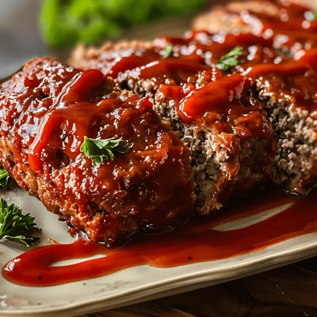 Juicy homemade meatloaf topped with ketchup glaze on a dinner plate