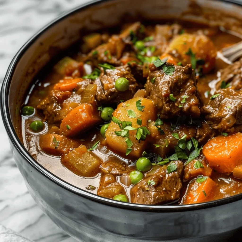 Hearty homemade beef stew with tender beef, potatoes, and carrots in a rich broth