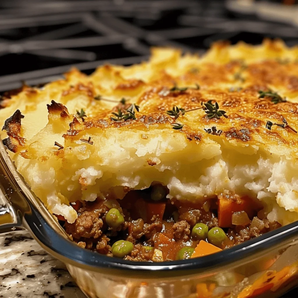 Best Homemade Shepherd’s Pie with golden mashed potato topping in a casserole dish