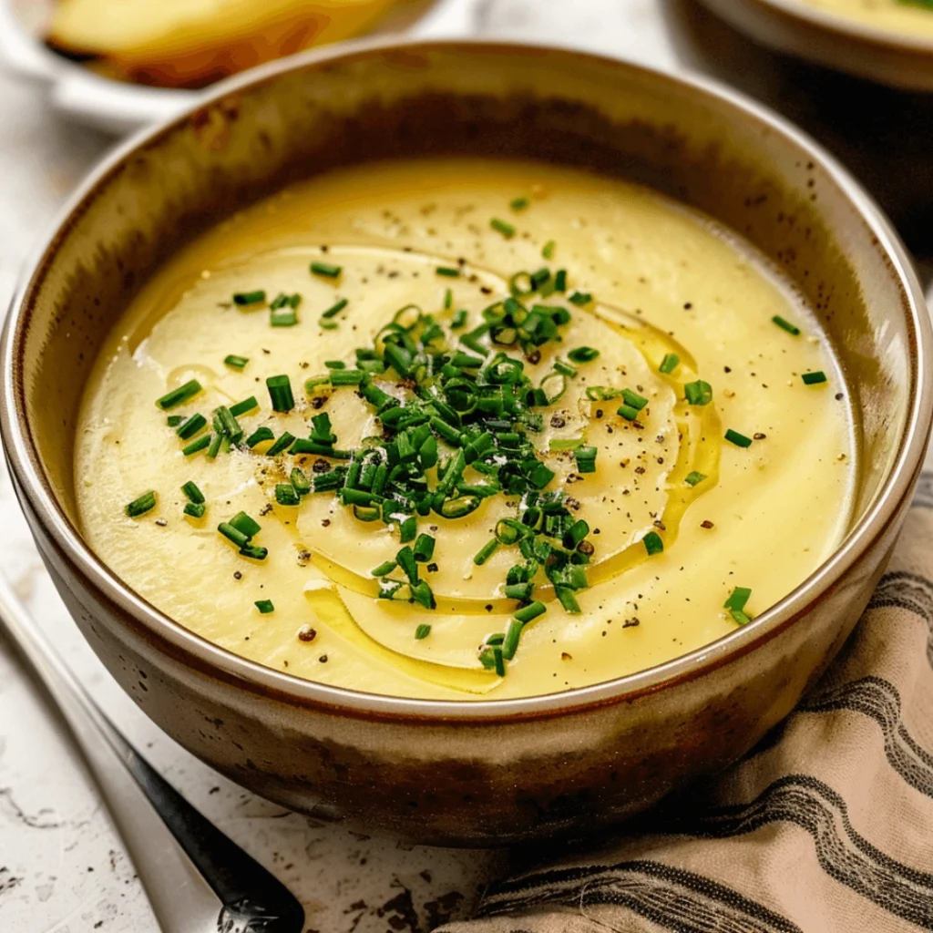 Dairy-free potato leek soup in a bowl, garnished with herbs