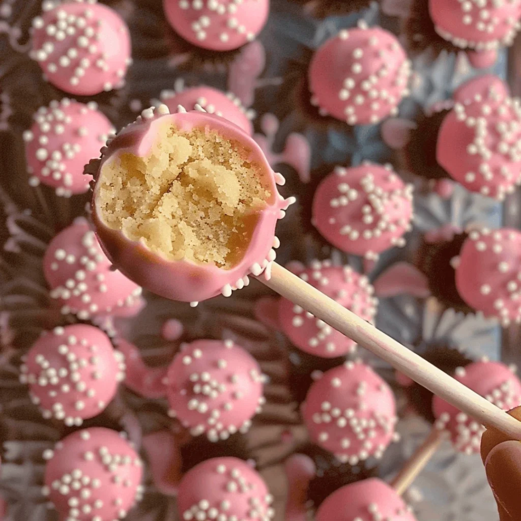Homemade Starbucks copycat birthday cake pops dipped in pink coating with rainbow sprinkles.