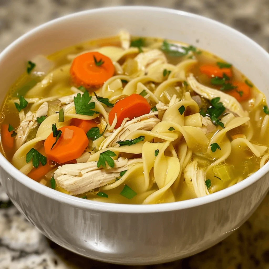 Homemade classic chicken noodle soup with noodles, vegetables, and fresh parsley
