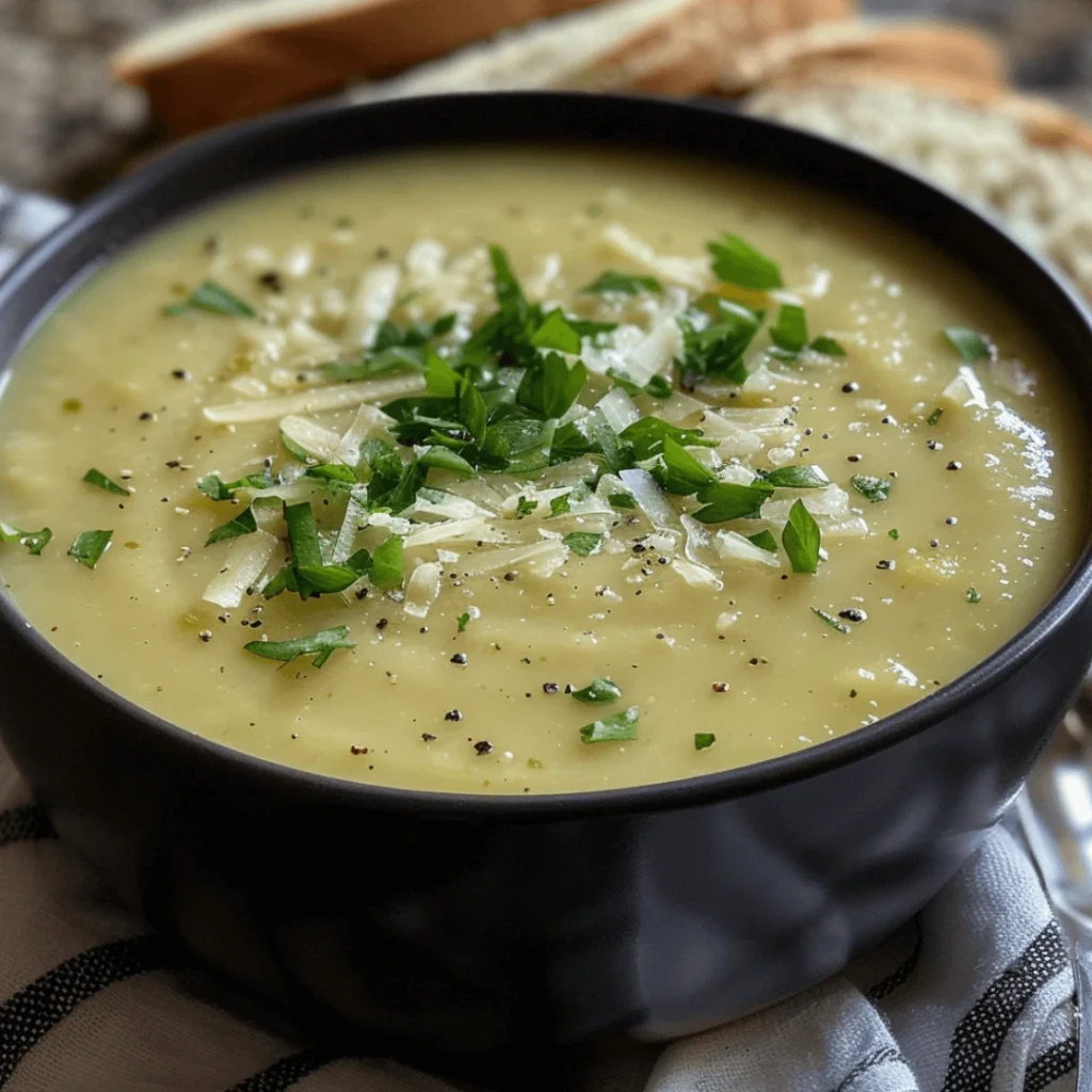 Cozy bowl of creamy leek and potato soup garnished with fresh parsley.