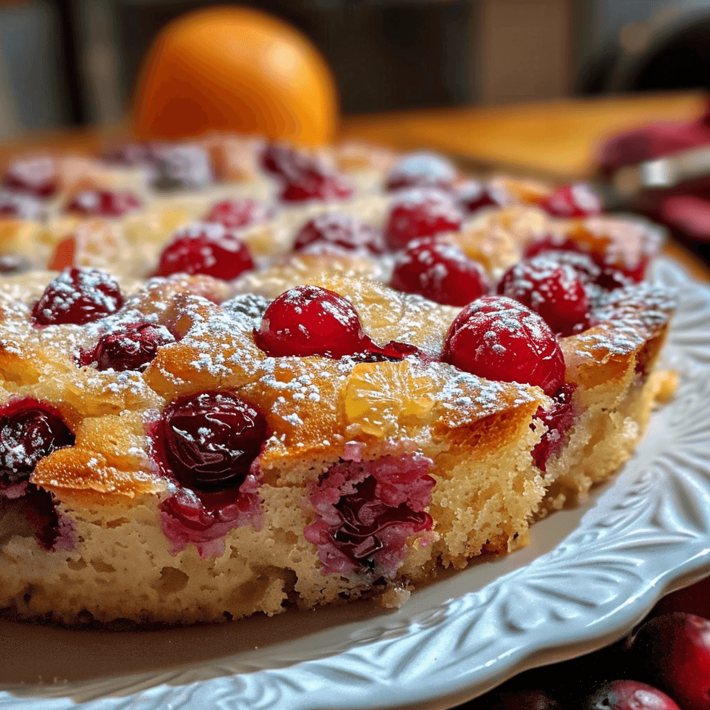 Moist cranberry orange breakfast cake with fresh cranberries and orange zest.