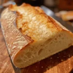 Close-up of sliced soft sourdough sandwich bread with a golden crust and seed topping, placed on a white cutting board.