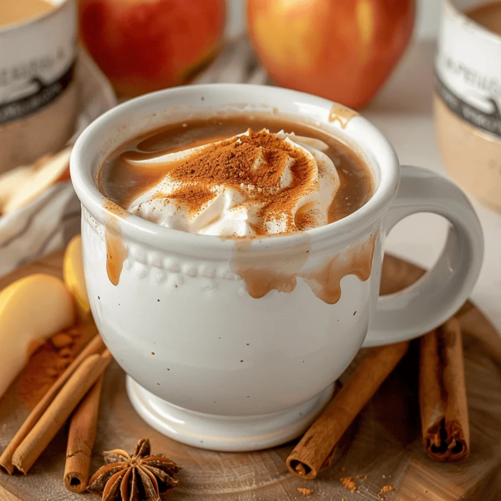 Warm mug of homemade apple cider chai tea with cinnamon garnish.